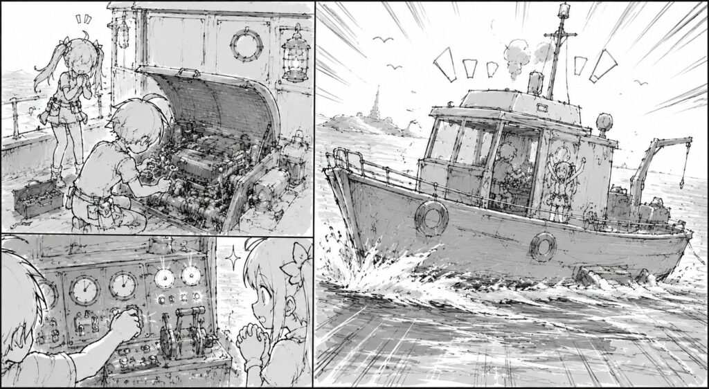 修理したら、船が動いた